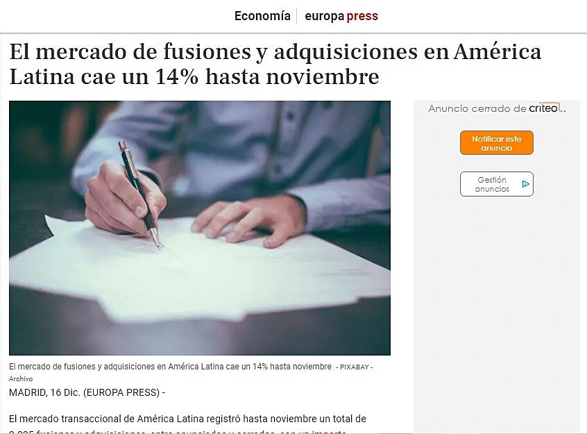 El mercado de fusiones y adquisiciones en Amrica Latina cae un 14% hasta noviembre